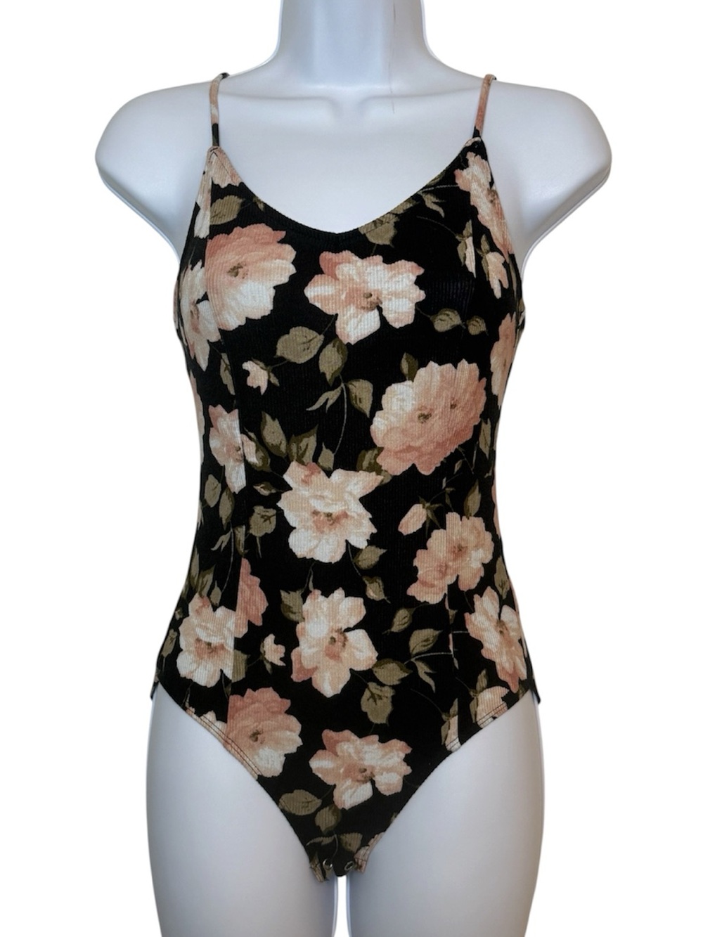 American Eagle Soft & Sexy Floral Ribbed Bodysuit Strappy Open Back Size Medium